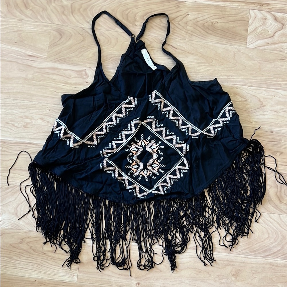 Black Fringe Embroidered Women's Top